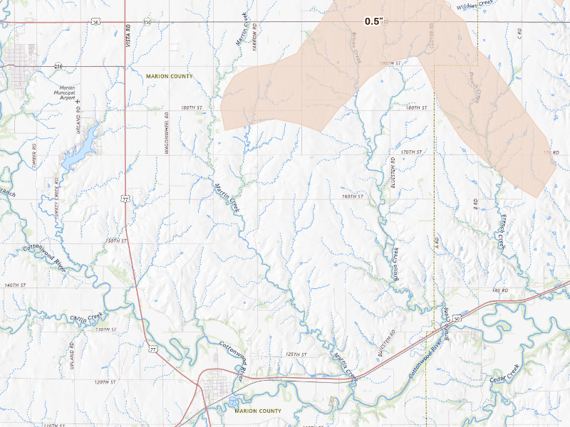 Radar-estimated hail-size map of the storm over Florence, KS on Sep 19, 2026