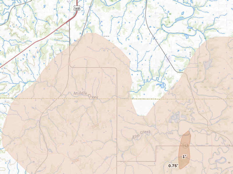 Radar-estimated hail-size map of the storm over Fontana, KS on Apr 26, 2026