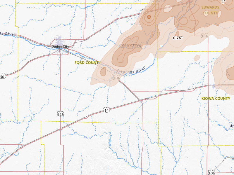 Radar-estimated hail-size map of the storm over Ford, KS on May 18, 2026