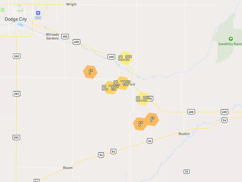 Hail map of Ford, KS on Jun 2, 2026, hail up to 1"