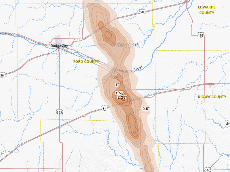 Radar-estimated hail-size map of the storm over Ford, KS on Jun 16, 2026