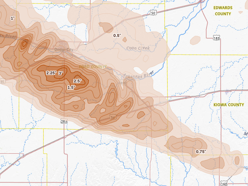 Radar-estimated hail-size map of the storm over Ford, KS on Jun 20, 2026