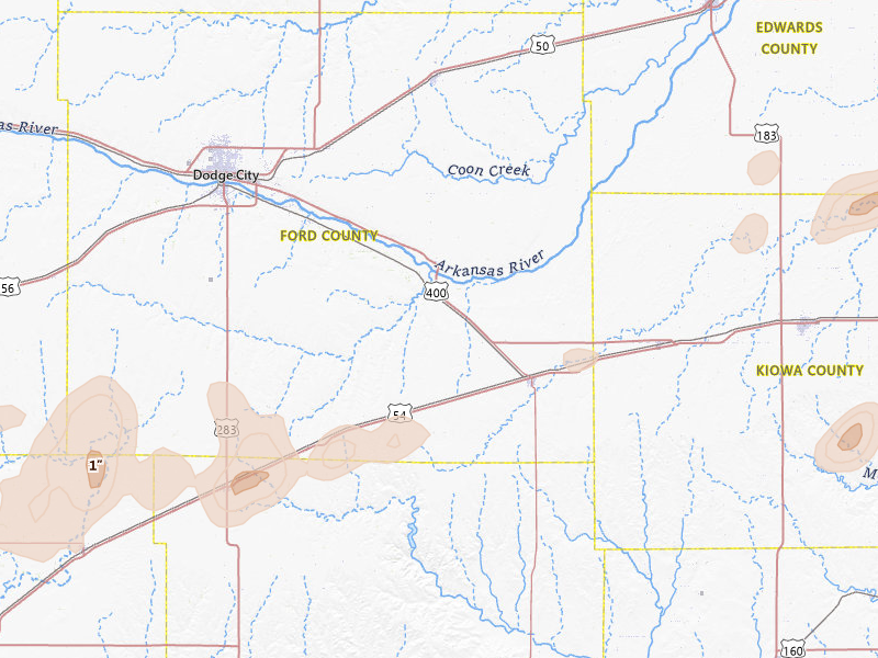 Radar-estimated hail-size map of the storm over Ford, KS on Jun 26, 2026