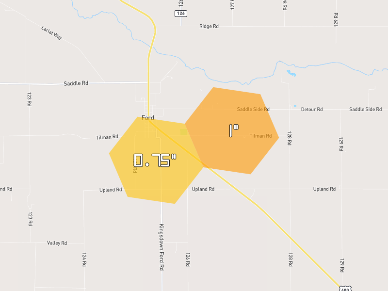 Hail map of Ford, KS on Jun 27, 2026, hail up to 1"