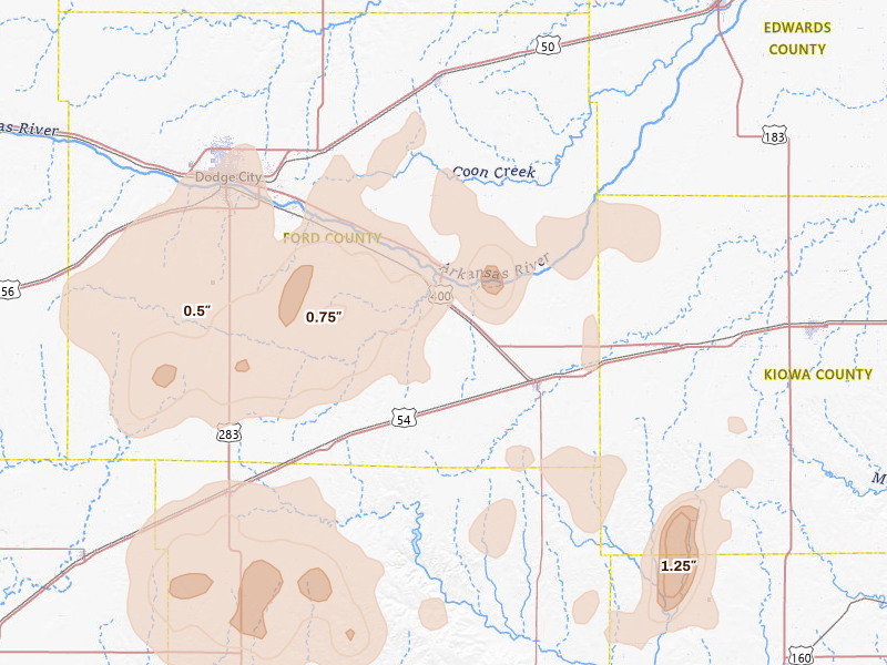 Radar-estimated hail-size map of the storm over Ford, KS on Jul 23, 2026