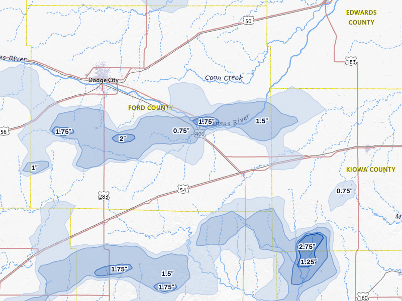NEXRAD radar-signature map of the hail storm over Ford, KS on Jul 23, 2026
