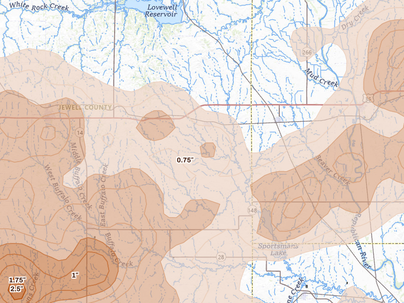 Radar-estimated hail-size map of the storm over Formoso, KS on Jul 3, 2026