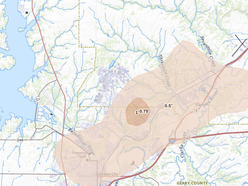 Radar-estimated hail-size map of the storm over Fort Riley, KS on Apr 23, 2026