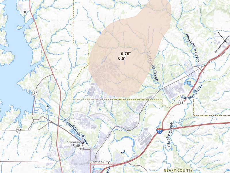 Radar-estimated hail-size map of the storm over Fort Riley, KS on Apr 25, 2026