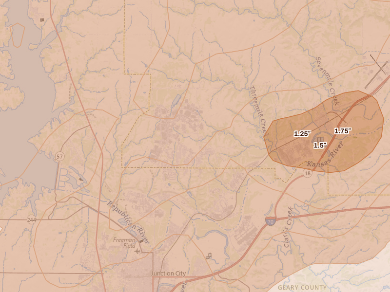 Radar-estimated hail-size map of the storm over Fort Riley, KS on May 18, 2026