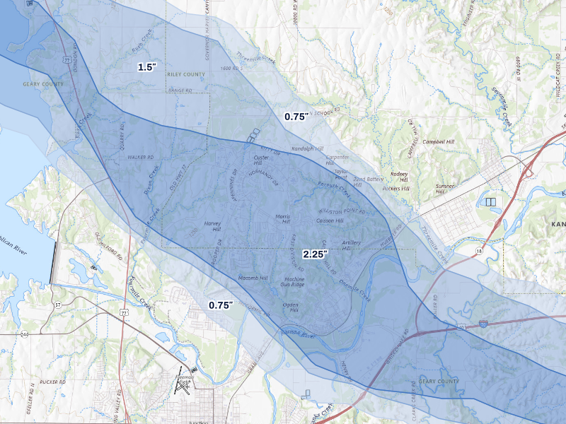 NEXRAD radar-signature map of the hail storm over Fort Riley, KS on Sep 12, 2026