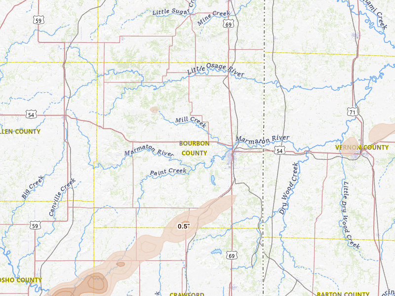 Radar-estimated hail-size map of the storm over Fort Scott, KS on Apr 17, 2026
