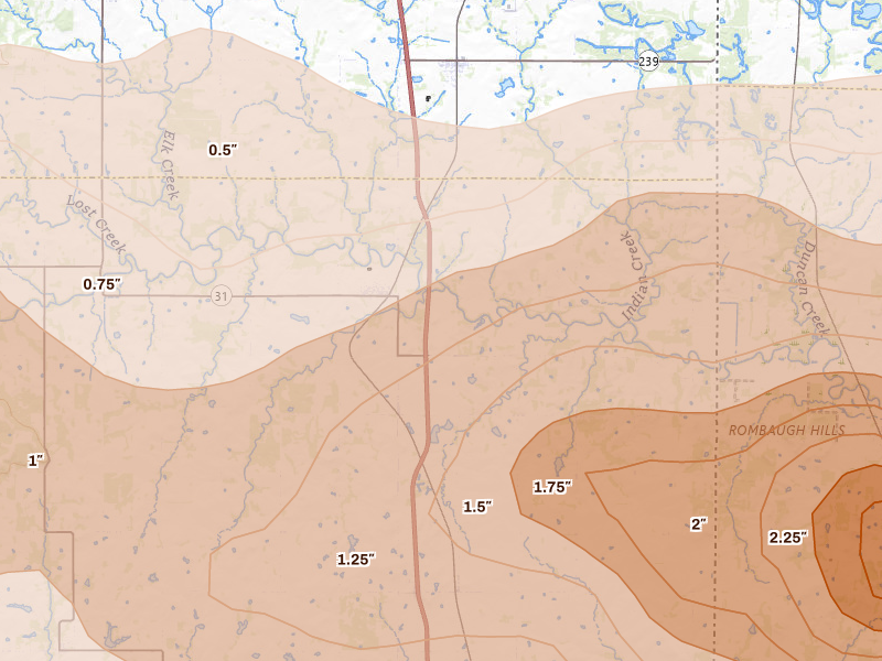 Radar-estimated hail-size map of the storm over Fort Scott, KS on Apr 26, 2026