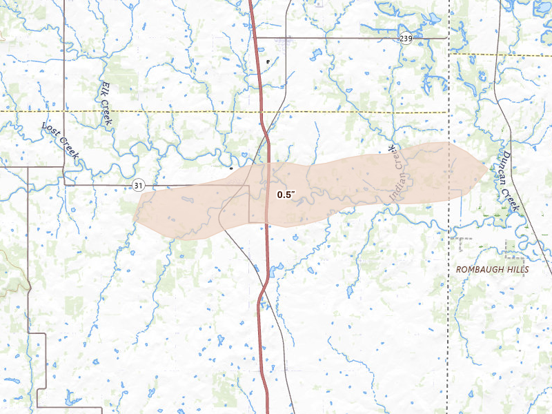 Radar-estimated hail-size map of the storm over Fort Scott, KS on May 8, 2026