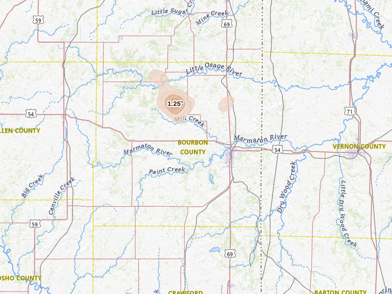 Radar-estimated hail-size map of the storm over Fort Scott, KS on May 29, 2026