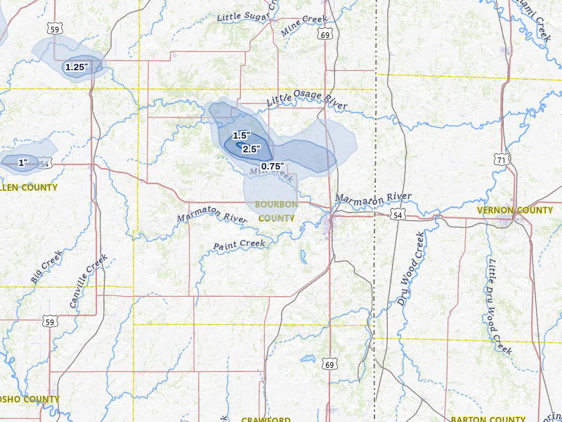 NEXRAD radar-signature map of the hail storm over Fort Scott, KS on May 29, 2026