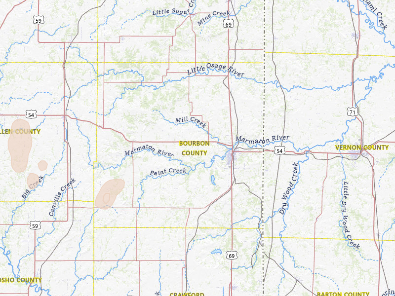 Radar-estimated hail-size map of the storm over Fort Scott, KS on Jun 8, 2026
