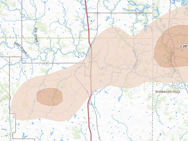 Radar-estimated hail-size map of the storm over Fort Scott, KS on Jul 4, 2026