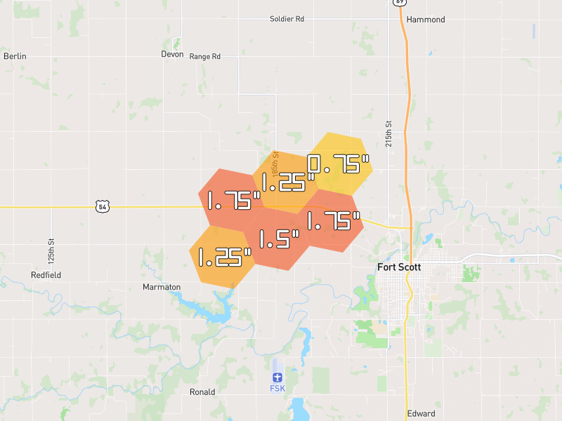 Hail map of Fort Scott, KS on Jul 4, 2026, hail up to 1.75"