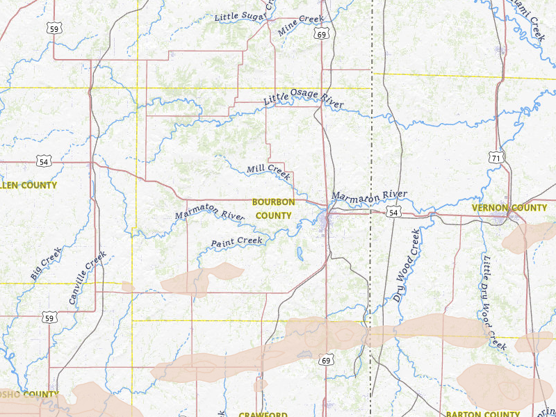 Radar-estimated hail-size map of the storm over Fort Scott, KS on Jul 10, 2026