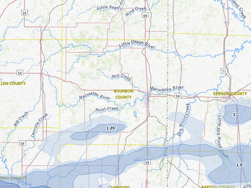 NEXRAD radar-signature map of the hail storm over Fort Scott, KS on Jul 10, 2026