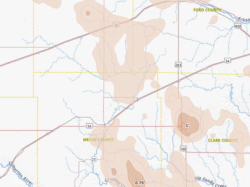 Radar-estimated hail-size map of the storm over Fowler, KS on Jun 1, 2026