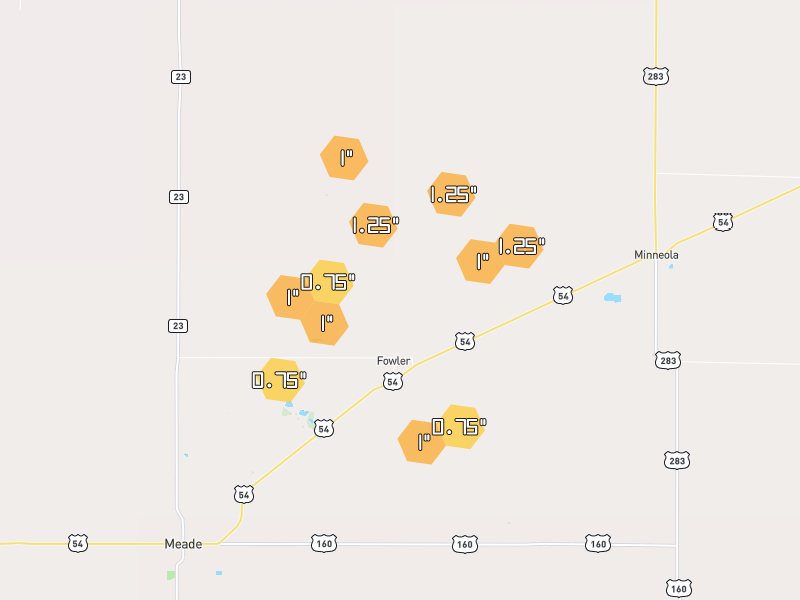 Hail map of Fowler, KS on Jun 2, 2026, hail up to 1.25"