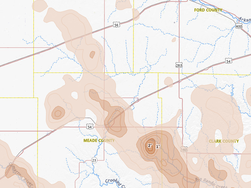 Radar-estimated hail-size map of the storm over Fowler, KS