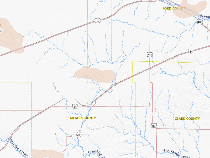 Radar-estimated hail-size map of the storm over Fowler, KS on Jun 23, 2026