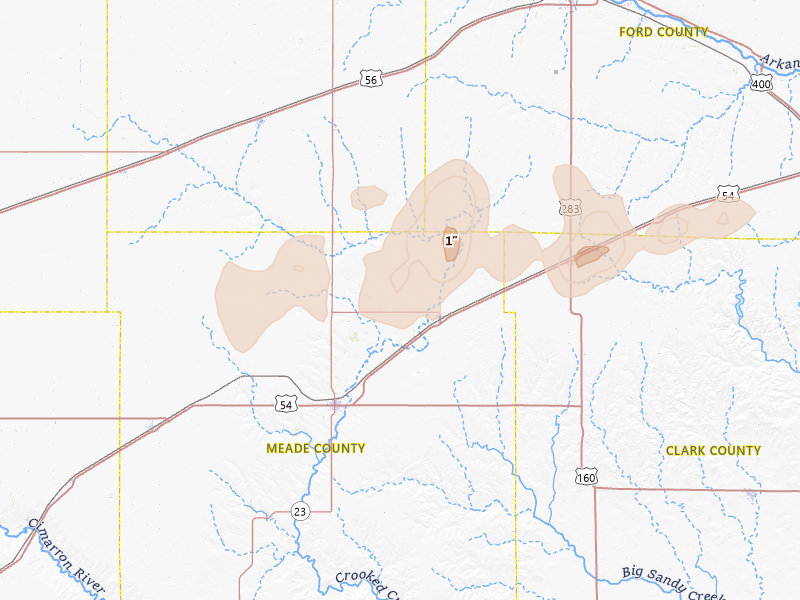 Radar-estimated hail-size map of the storm over Fowler, KS on Jun 26, 2026