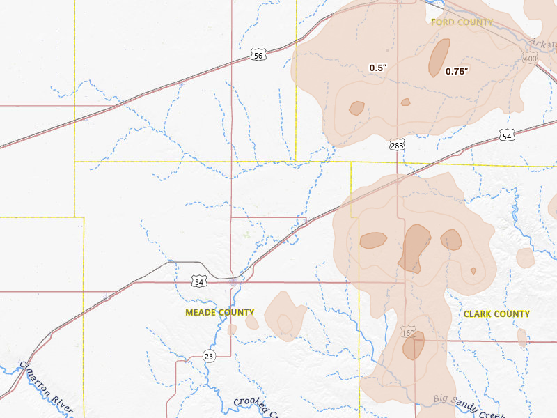 Radar-estimated hail-size map of the storm over Fowler, KS on Jul 23, 2026