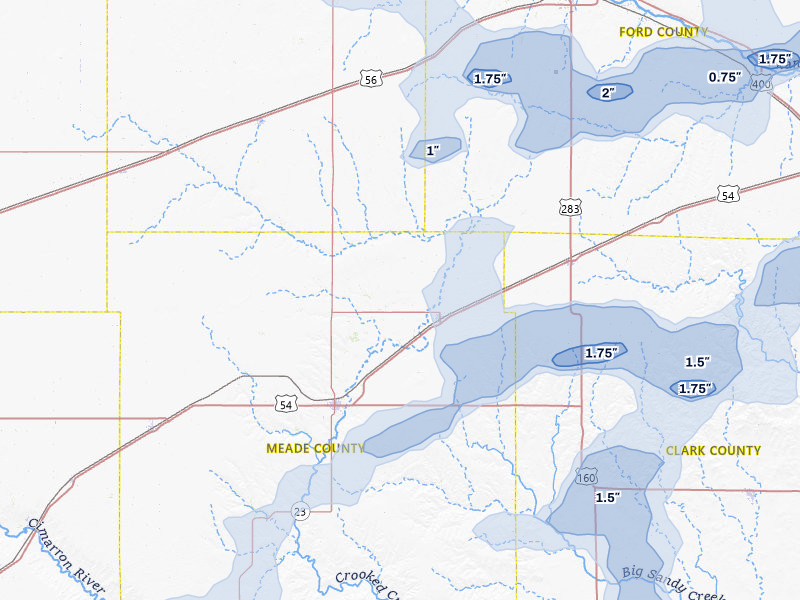 NEXRAD radar-signature map of the hail storm over Fowler, KS on Jul 23, 2026