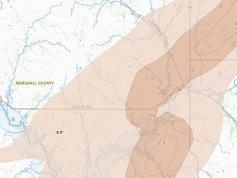 Radar-estimated hail-size map of the storm over Frankfort, KS on Apr 23, 2026