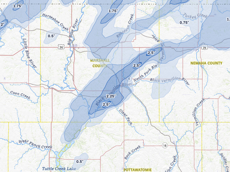 NEXRAD radar-signature map of the hail over Frankfort, KS