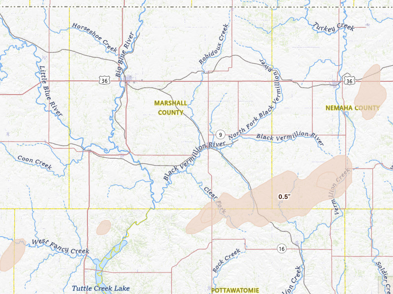 Radar-estimated hail-size map of the storm over Frankfort, KS on Apr 26, 2026