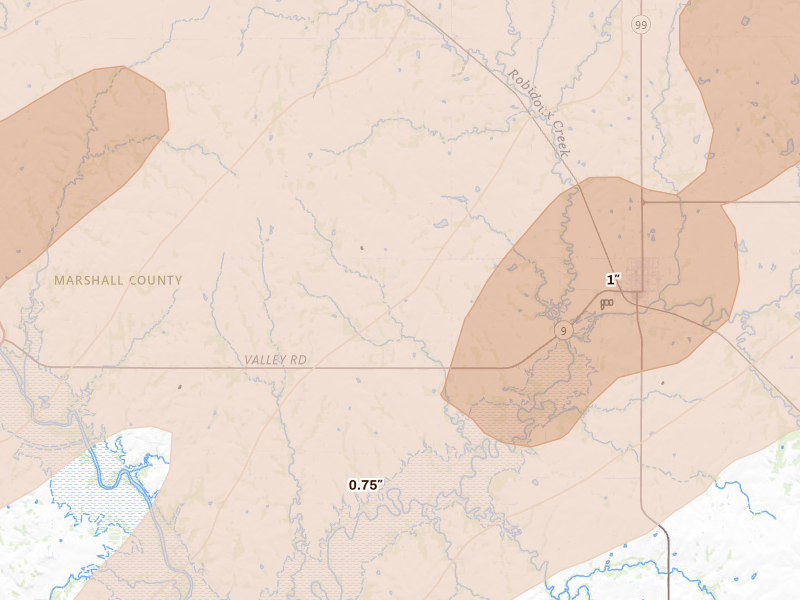 Radar-estimated hail-size map of the storm over Frankfort, KS on May 18, 2026