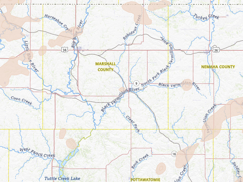 Radar-estimated hail-size map of the storm over Frankfort, KS on Jul 3, 2026