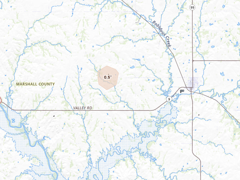 Radar-estimated hail-size map of the storm over Frankfort, KS on Jul 30, 2026
