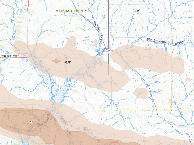 Radar-estimated hail-size map of the storm over Frankfort, KS on Aug 18, 2026