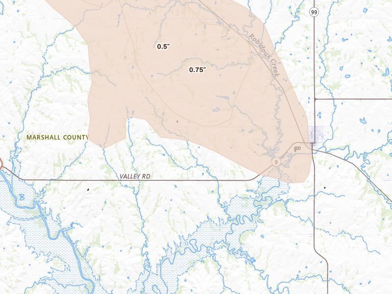 Radar-estimated hail-size map of the storm over Frankfort, KS on Aug 19, 2026