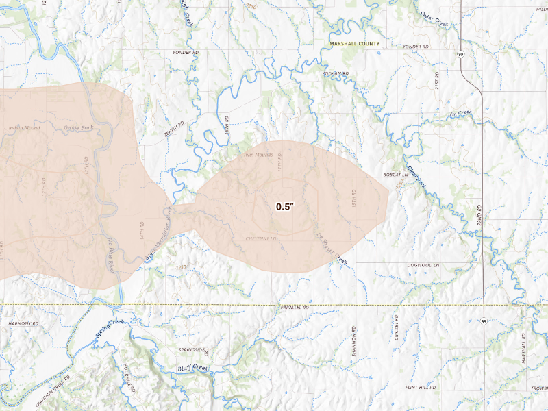 Radar-estimated hail-size map of the storm over Frankfort, KS on Sep 12, 2026