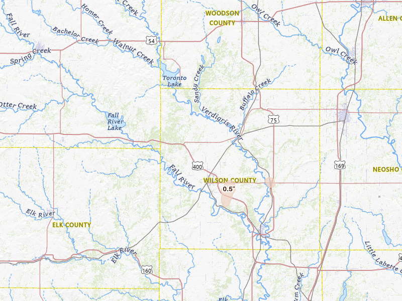 Radar-estimated hail-size map of the storm over Fredonia, KS on Mar 3, 2026