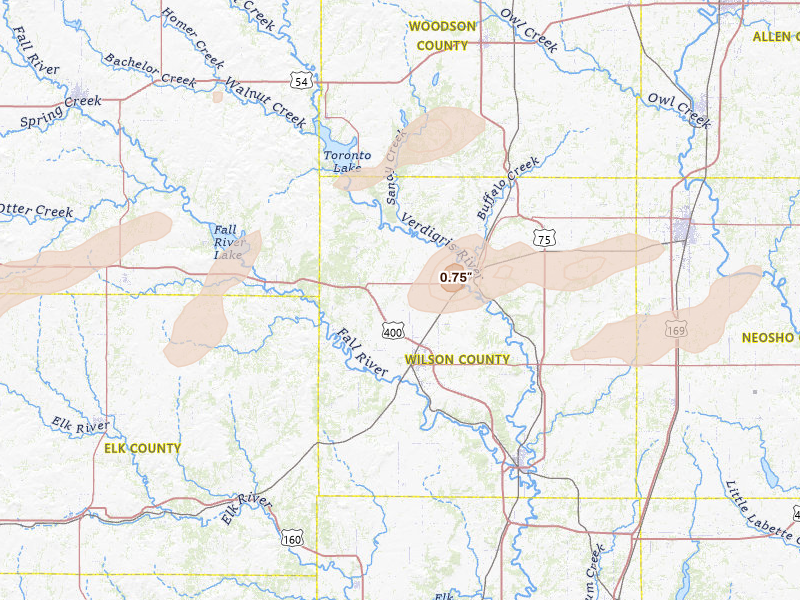 Radar-estimated hail-size map of the storm over Fredonia, KS on Mar 31, 2026