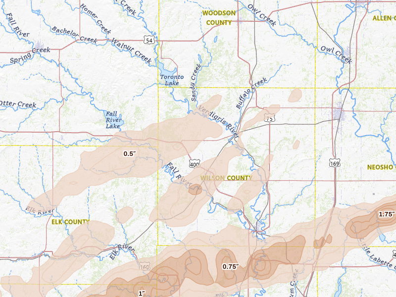 Radar-estimated hail-size map of the storm over Fredonia, KS on Apr 17, 2026