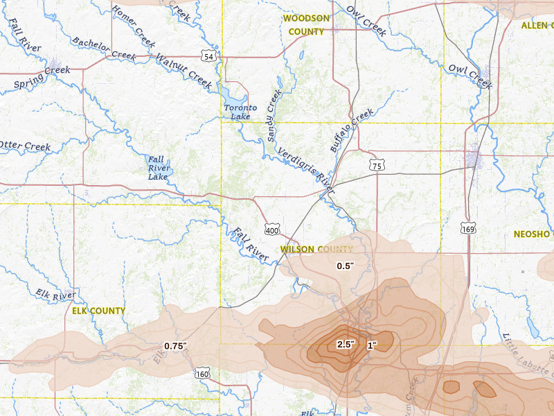 Radar-estimated hail-size map of the storm over Fredonia, KS on Apr 26, 2026