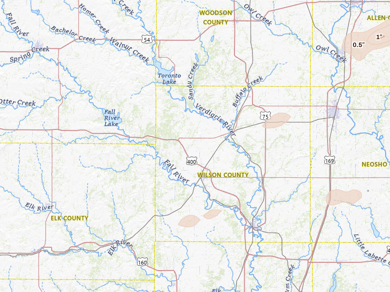 Radar-estimated hail-size map of the storm over Fredonia, KS on Apr 27, 2026