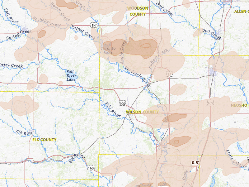 Radar-estimated hail-size map of the storm over Fredonia, KS on May 31, 2026