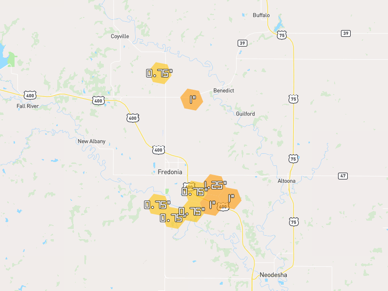 Hail map of Fredonia, KS on Jun 1, 2026, hail up to 1.25"