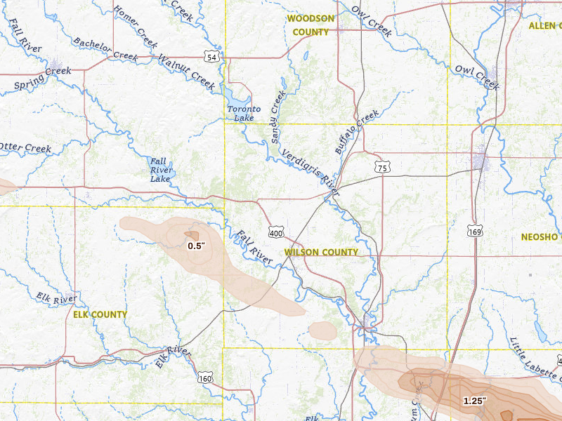 Radar-estimated hail-size map of the storm over Fredonia, KS on Jun 25, 2026
