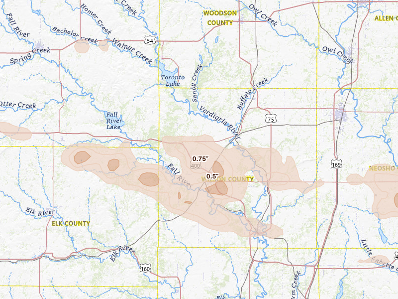 Radar-estimated hail-size map of the storm over Fredonia, KS on Jul 10, 2026